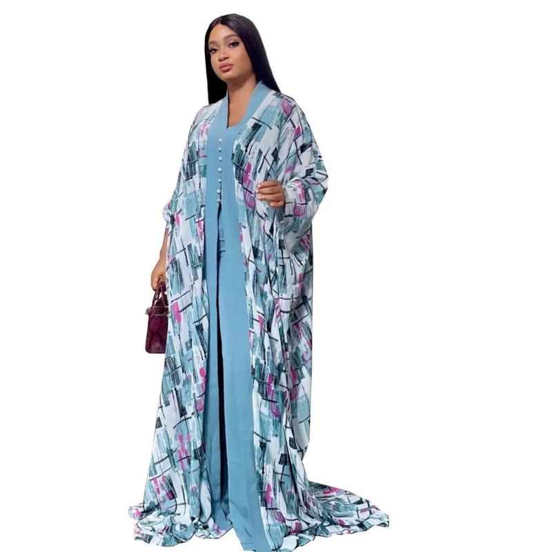 

Two Piece Set Fashion Long African Dresses For Women Muslim Print Loose Bat Shawl Robe Cardigan Wide Leg Trousers Autumn Winter
