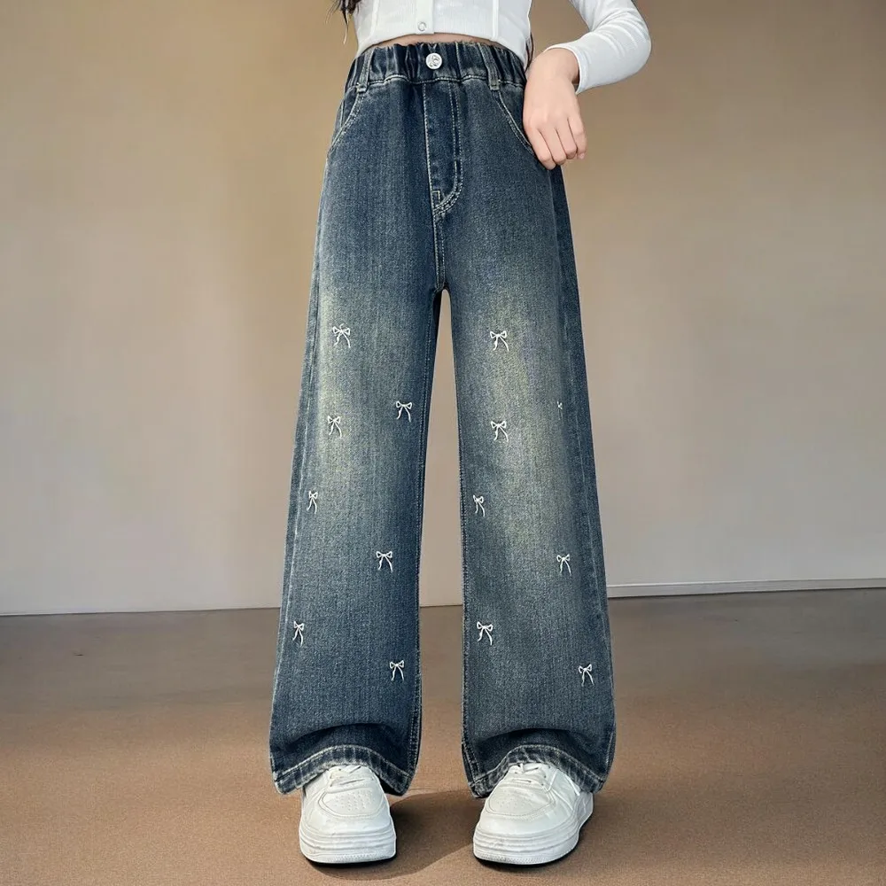 Милые джинсы с принтом для маленьких девочек повседневные брюки подростков