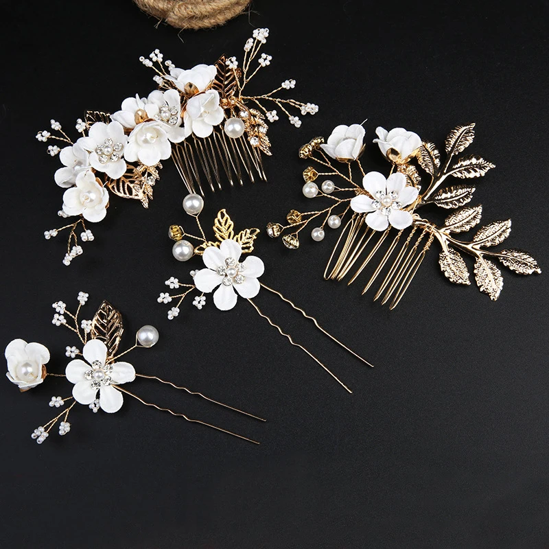 

Pearl Flower Women Bridal Hair Combs Hairpins Wedding Hair Accessories Gold Color U-shaped Pin Barrette Clip Headpiece