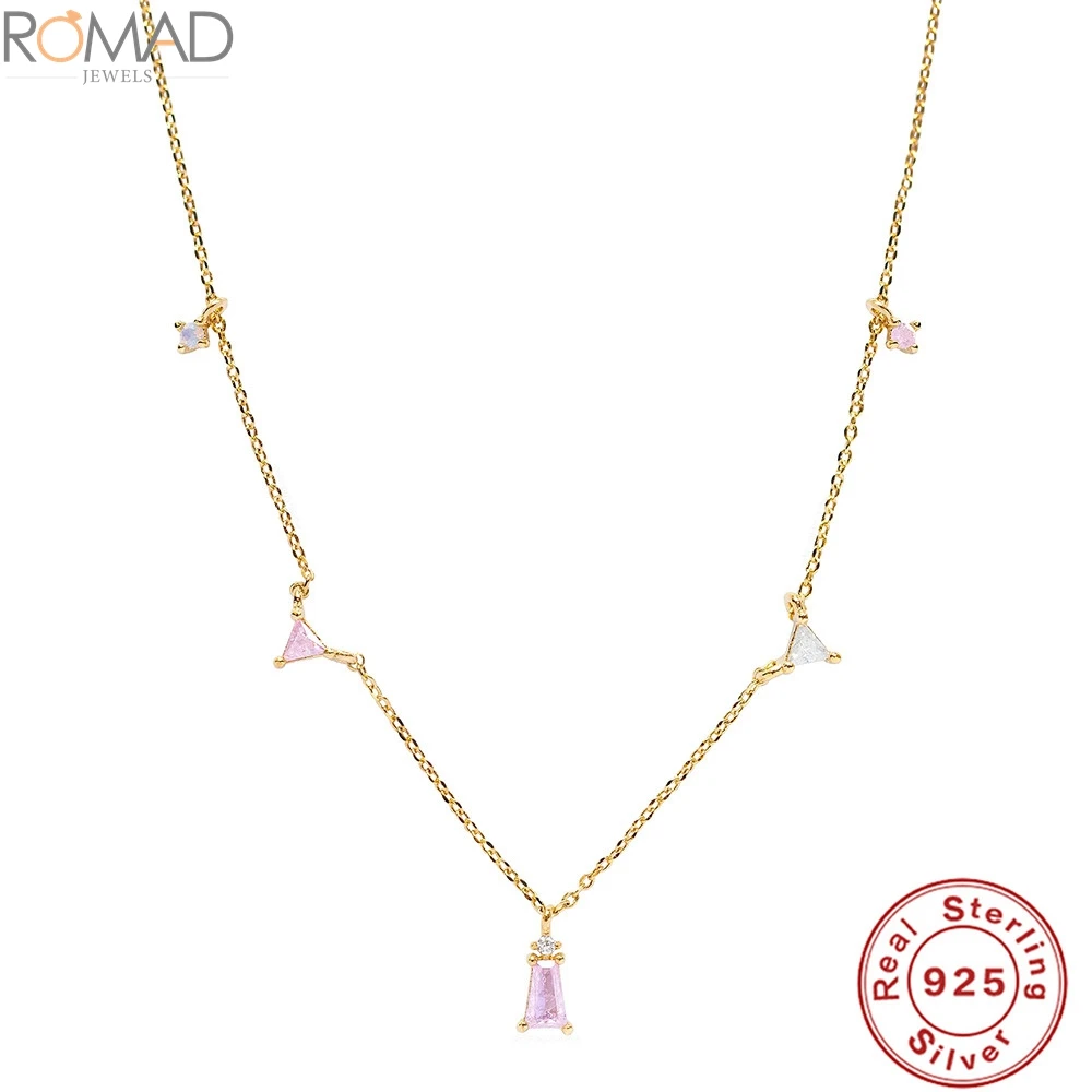 

ROMAD 925 Sterling Silver Neck Chain Pink Zircon Choker Necklace Chocker Jewel On The Neck Pendant Collars Chain For Women Jewel