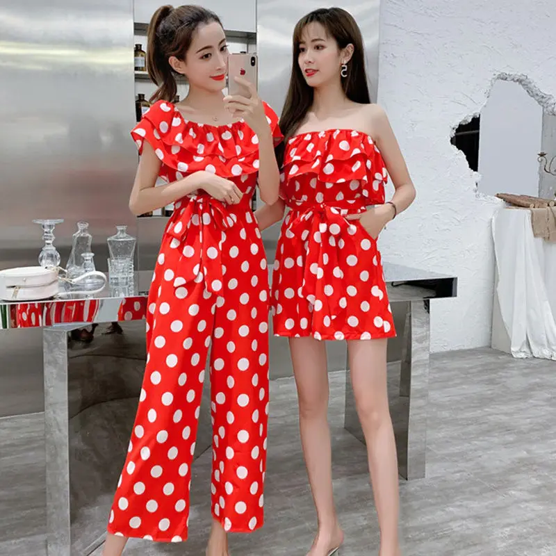 

Women 2022 Summer Dot Casual Wide Leg Jumpsuits Female Off Shoulder Slash Neck Waist Elastic Rompers Loose Chiffon Playsuits I76