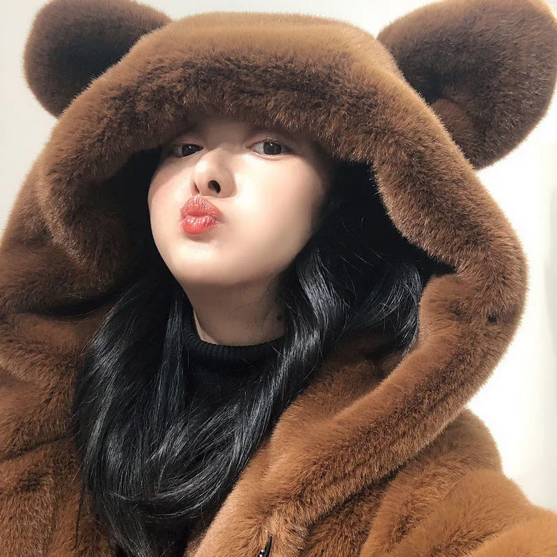 

Herstory Women Winter Fur Coat 2022 New Cute Bear Ears Furry Velvet Padded Jacket Lady Loose Imitation Mink Fur Overcoat