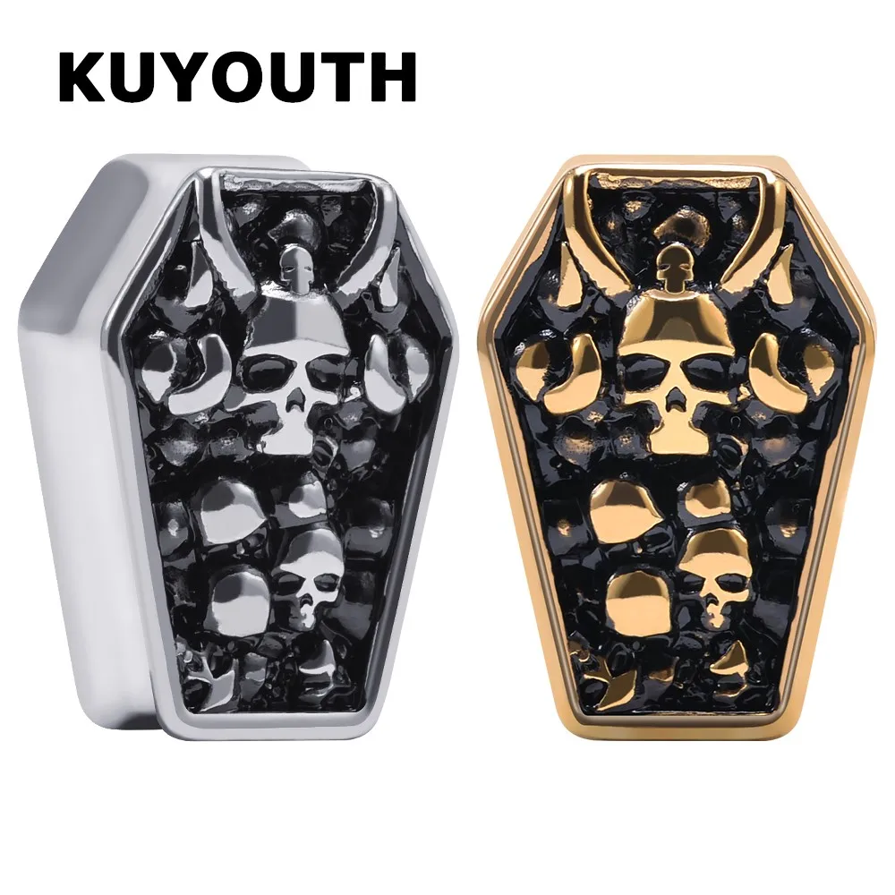 KUYOUTH Unique Stainless Steel Skull Coffin Ear Tunnels Gauges Stretchers Body Piercing Jewelry Earring Expanders 2PCS