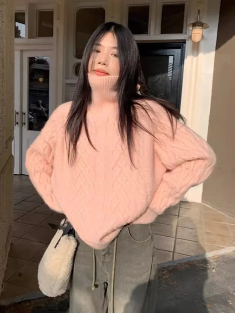 Розовый свитер с высоким воротником женский осенне-зимний утолщенный верхний