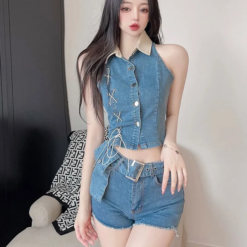 

Летние комплекты из 2 предметов 2022, ретро джинсовый топ на бретельках и декоративные шорты с ремнем, наборы из 2 предметов