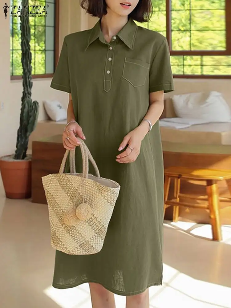 

ZANZEA Fashion Short Sleeve Dress Woman Summer Female Elegant Holiday Robe Lapel Neck Vestidos Casual Loose Midi Sundress