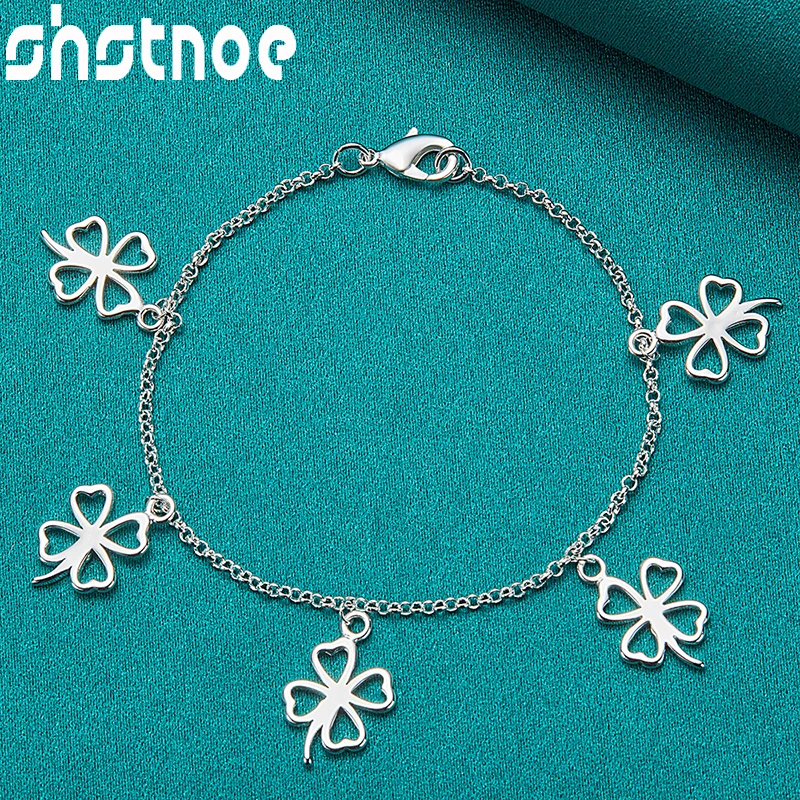 

SHSTONE 925 Sterling Silver 20cm Chain Five Lucky Clover Charm Bracelets For Women Birthday Party Gift Lady Jewelry Accessories