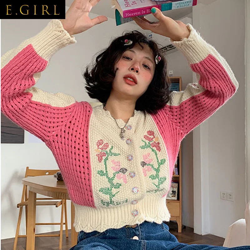 E GIRLS Sweet Japanese Style Women Cardigans Flower Crochet Korean Ins Vintage Hollow Out Cardigans Elegant Cute Crop Sweaters