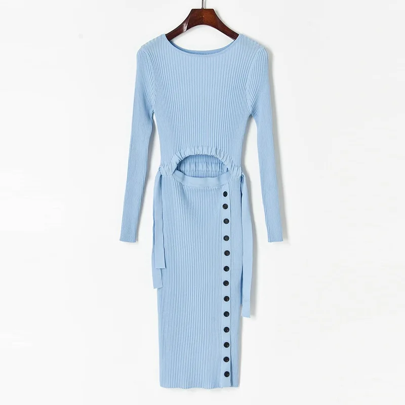 

2022 Summer New Arrive Slim Knitted Women Midi Dress Open Navel Waist Buttons Split Lady Dress
