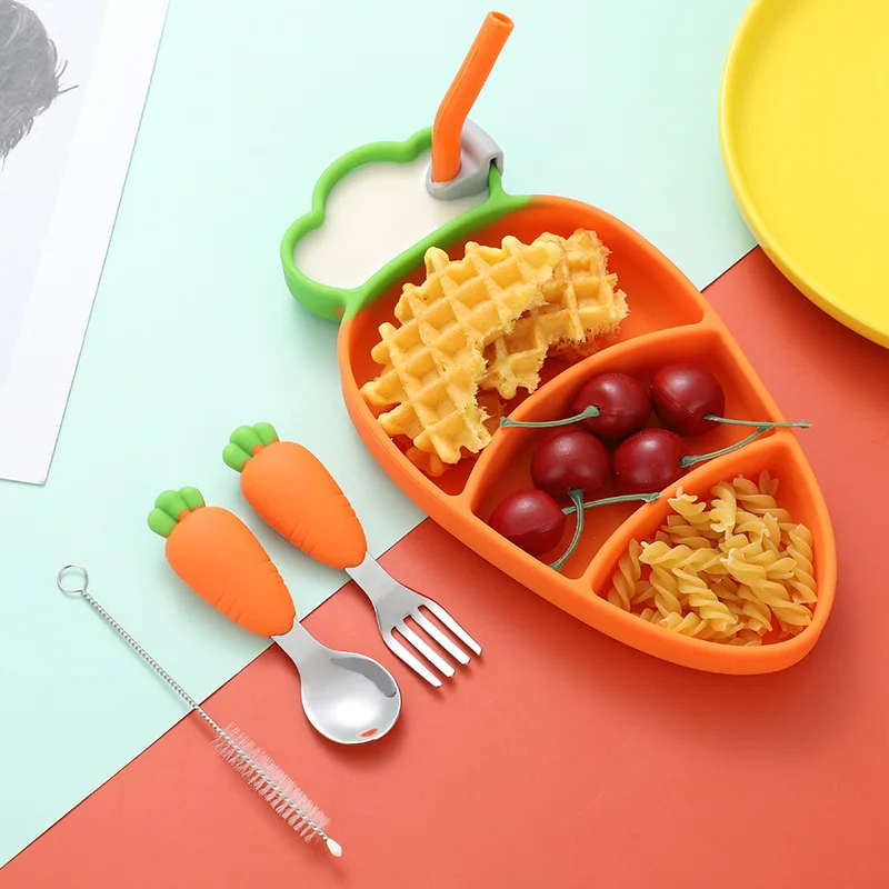 

Children's Silicone Dinner Plate Baby Carrots Bowl Suction Training Spoon Fork Set Baby Bib Platos Para Bebe Baby Feeding Dishes