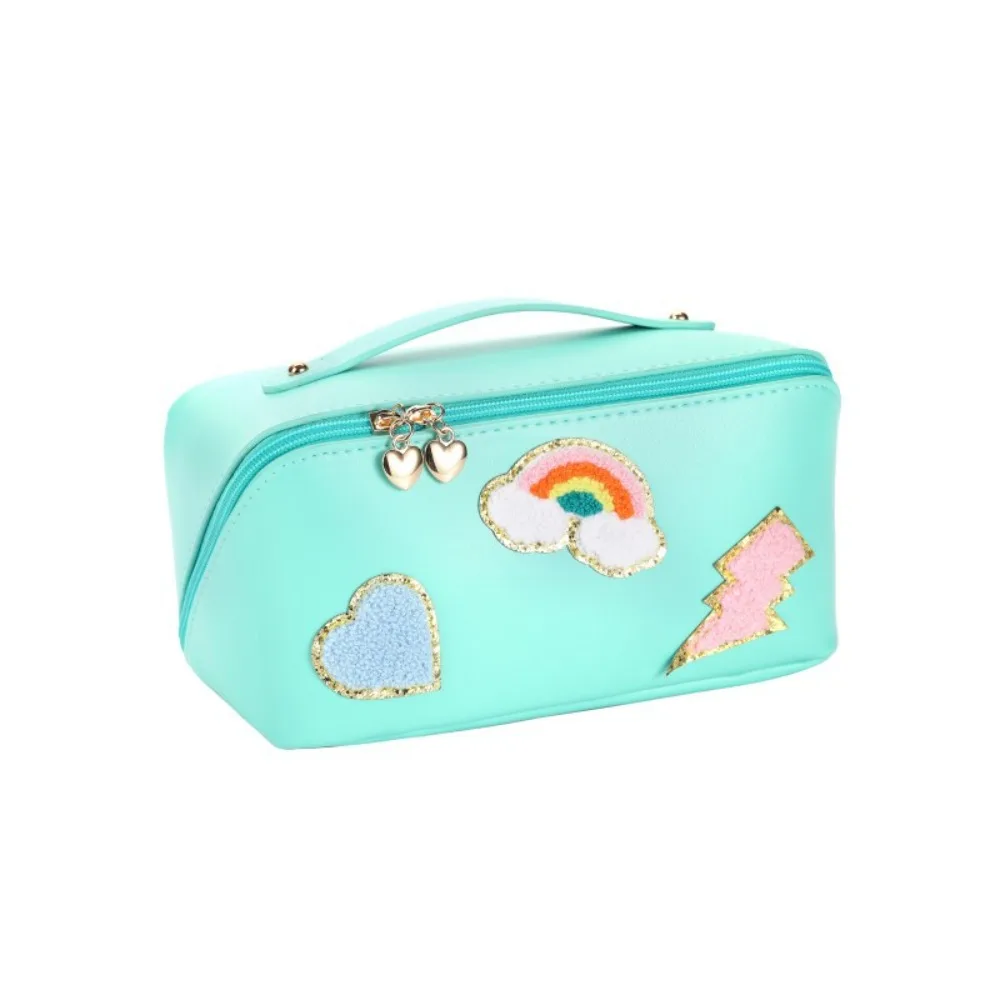 

Fashion PU Lether Cosmetic Bags Women Sewn on Patches Makeup Bags Female Large Capacity Waterproof Travel Toiletries Pouch