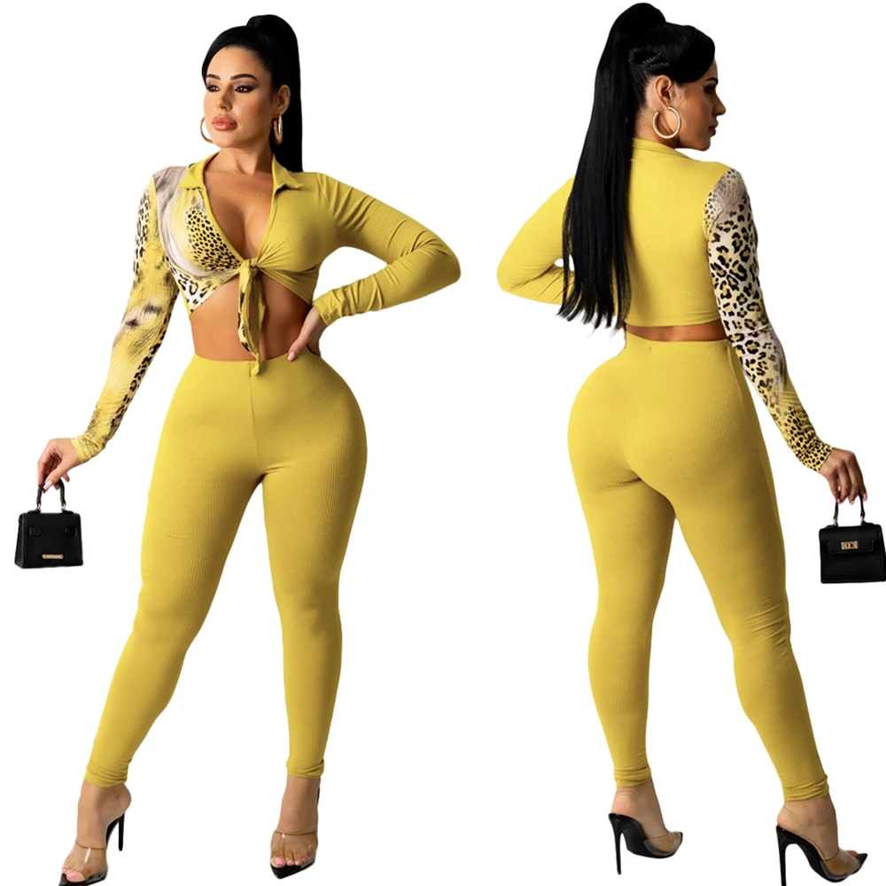 

Somoshein Leopard Print Women's Clothing Elastic Pant Sets Patchwork Suits Matching Set Sexy Lace-up Crop Tops Casual Outfits