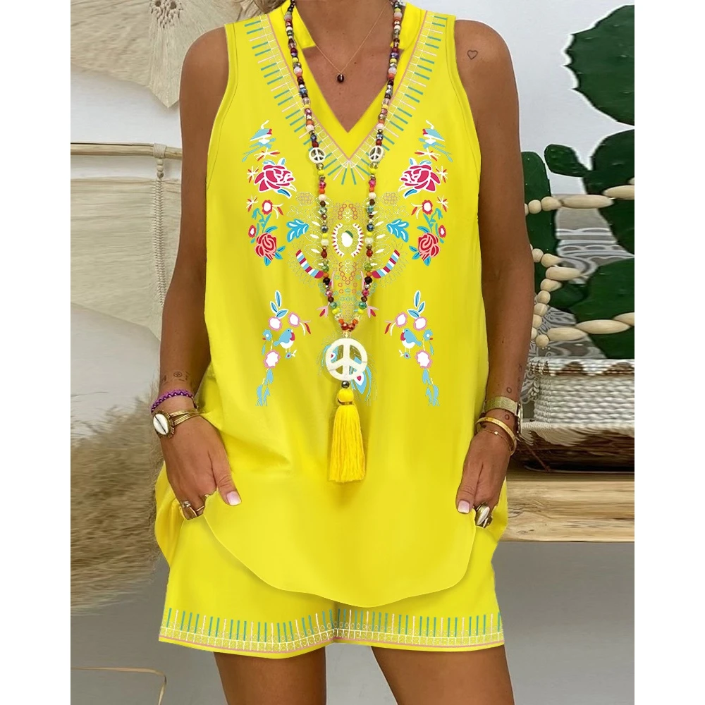 2023 Summer Women y2k Floral Print V Neck Sleeveless Top & Shorts Set Vacation Casual Tribal Two Pieces Set Indie Folk Outfits