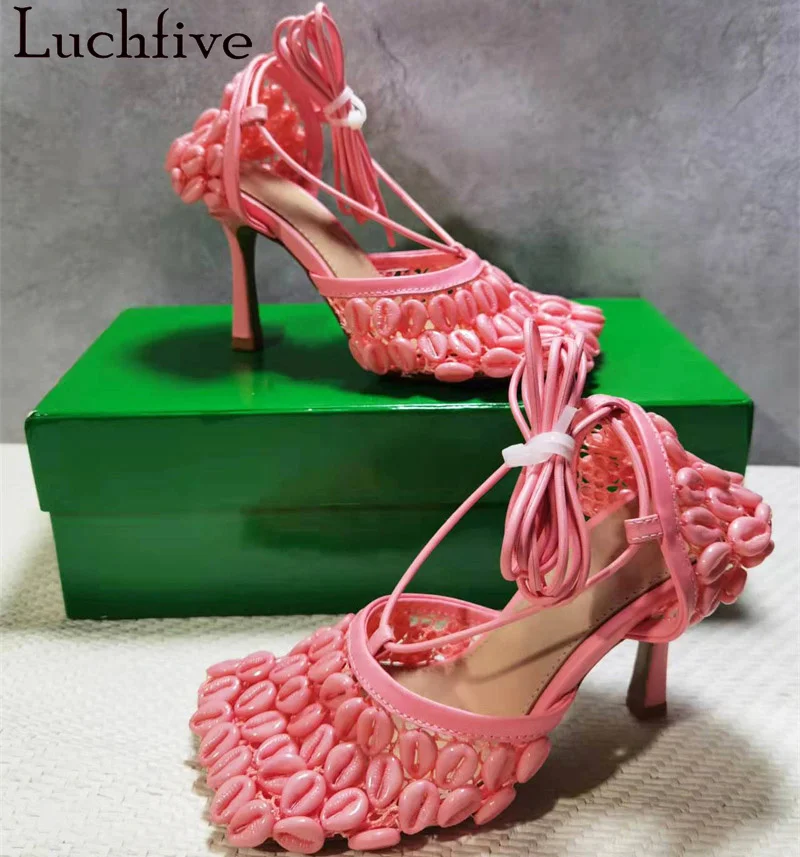 

Hot Sole Ankle Strap High Heel Sandals Women Shell Design Square Wrap Top Rome Sandals Ladies Summer Luxury Sexy Party Shoes