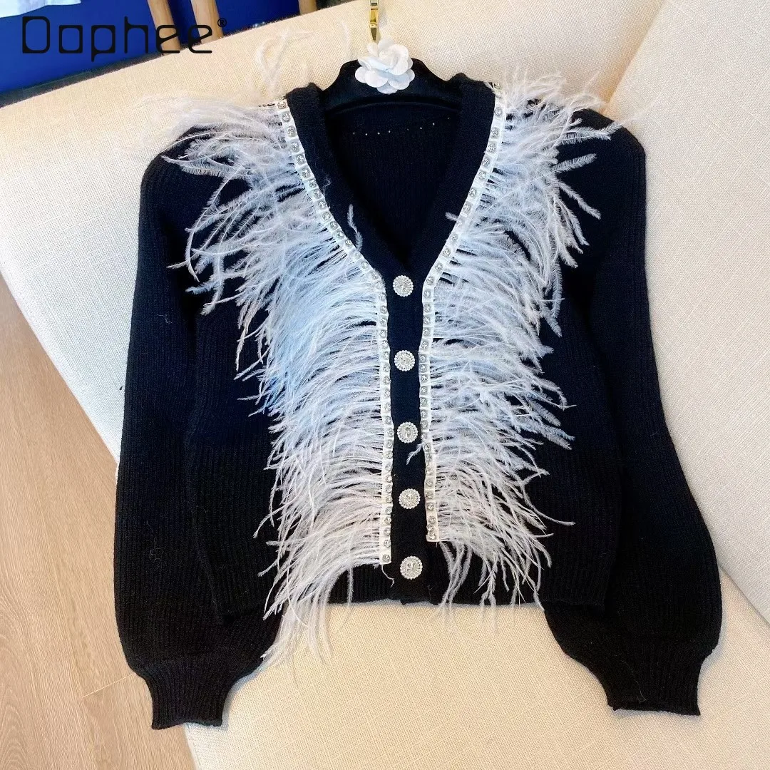 

2022 Spring New Feather Rhinestones Knitted Cardigan Long Sleeve Diamonds Button Slim-Fit Figure Flattering Sweater for Women