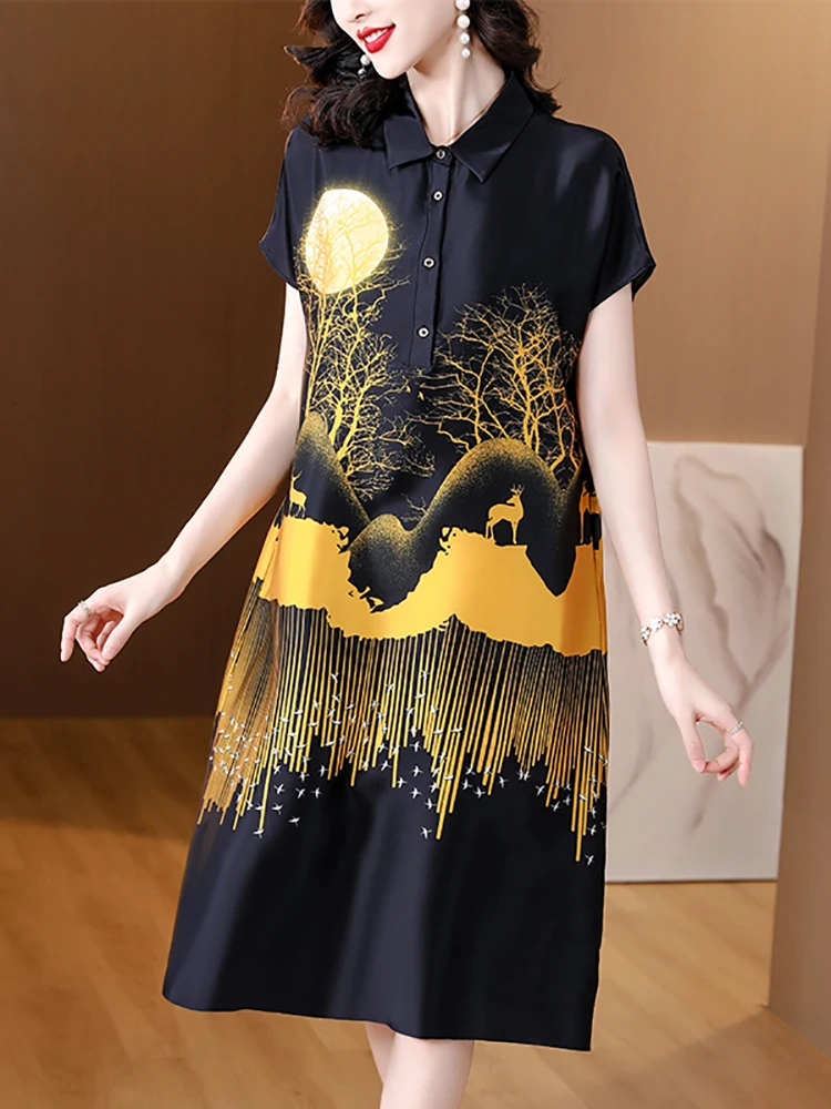 

Elegant Bodycon Office Lady Long Dress 2023 Women's Print Silk Chic Bow Bandage Prom Dress Summer Short Sleeve Polo Collar Dress