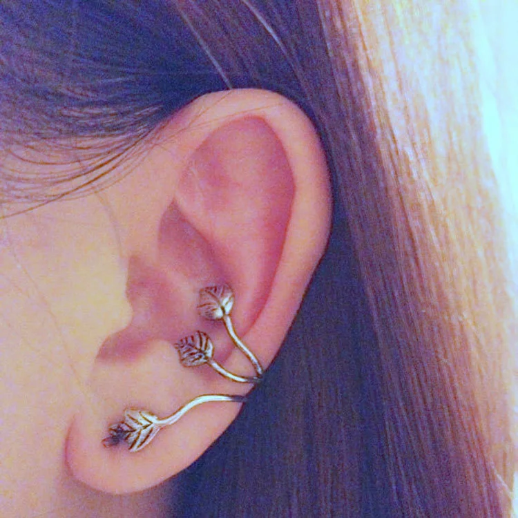 

2 Pieces Vintage Personality Earbone Clip Antique Silver Multiple Leaves Earrings Punk Earring Jewelry Geometric Clip Earriings