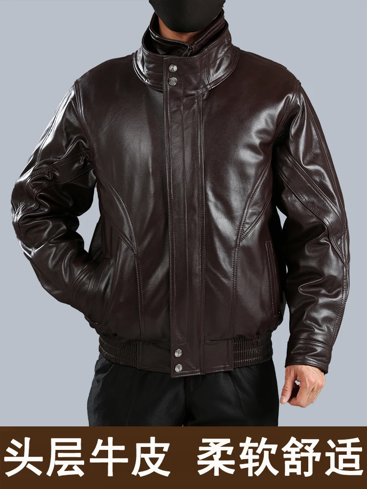 Genuine Leather Coat Men's First Layer Calfskin Stand Collar Motorcycle Leather jacket Middle-Aged and Elderly Cotton Added O...
