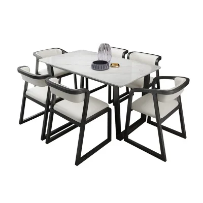 

Modern convenient design dining table set round marble top metal rotating turntable with soft chairs furniture for dining room