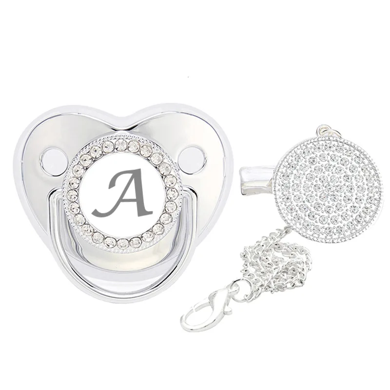 

Luxury Silver 26 Name Initial Letter Baby Pacifier With Clip Infant Silicone Dummy Soother Bling Teat For Baby Unique Gift