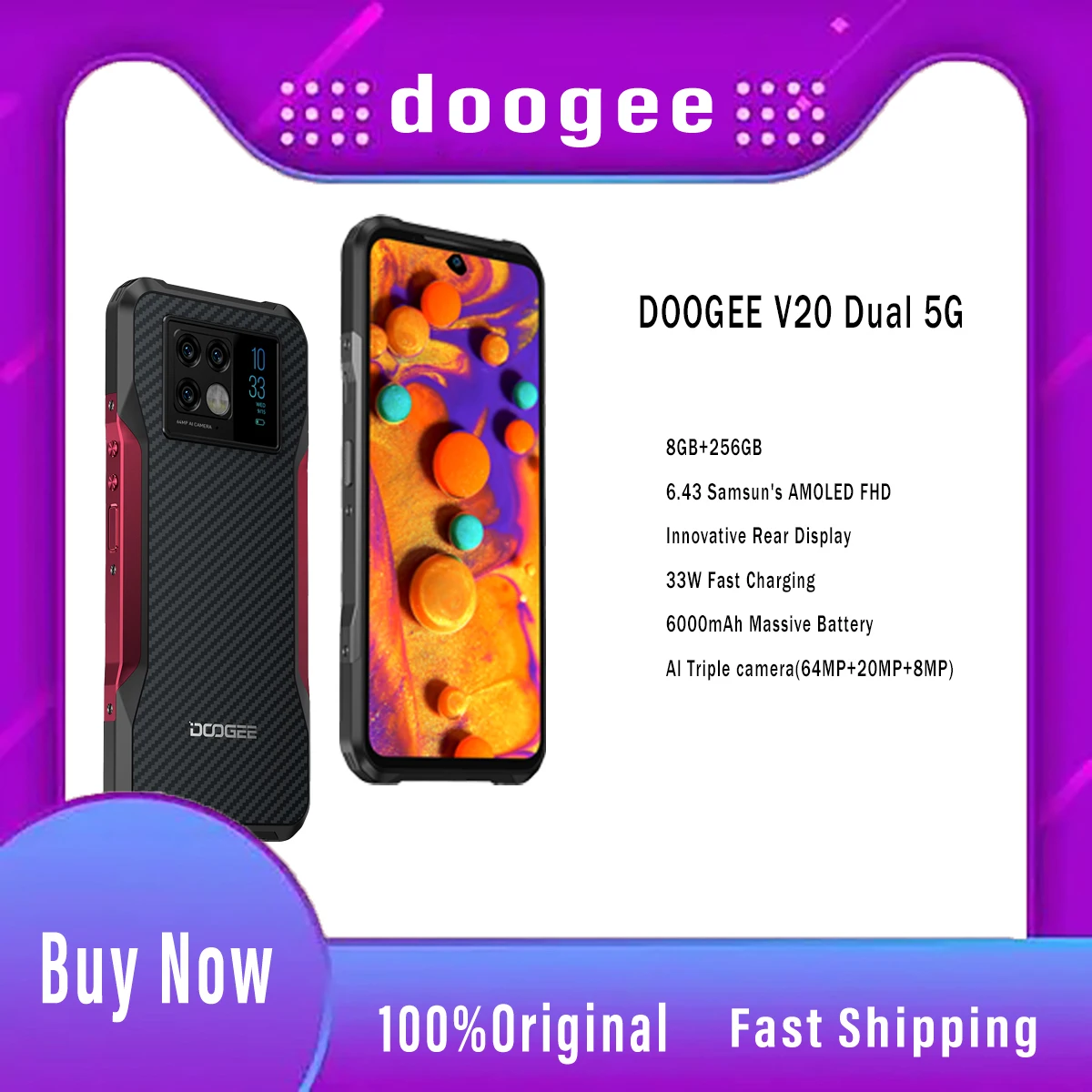 

DOOGEE V20 смартфон с 5,5-дюймовым дисплеем, ОЗУ 8 Гб, ПЗУ 6,43 ГБ, 64 мп, 256 мАч