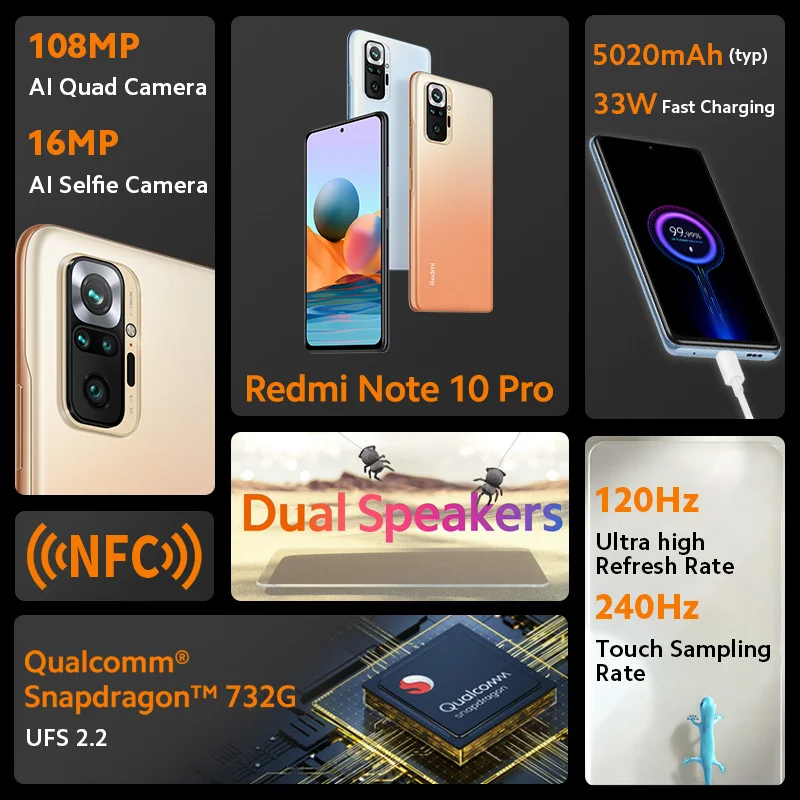 Global Version Xiaomi Redmi Note 10 Pro 64GB/128GB Smartphone Snapdragon 732G 120Hz AMOLED Display 108MP Camera 5020mAh 33W NFC