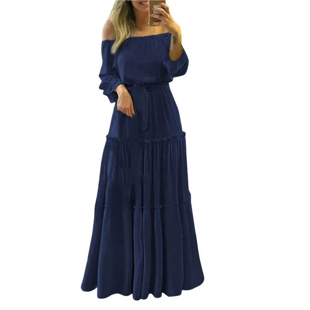 

Maxi Dress Women Autumn Long Sleeve Ruffle Sheer Waist Lace-up Stitching Large Hem Off Shoulder Solid Color Boho Long Dress
