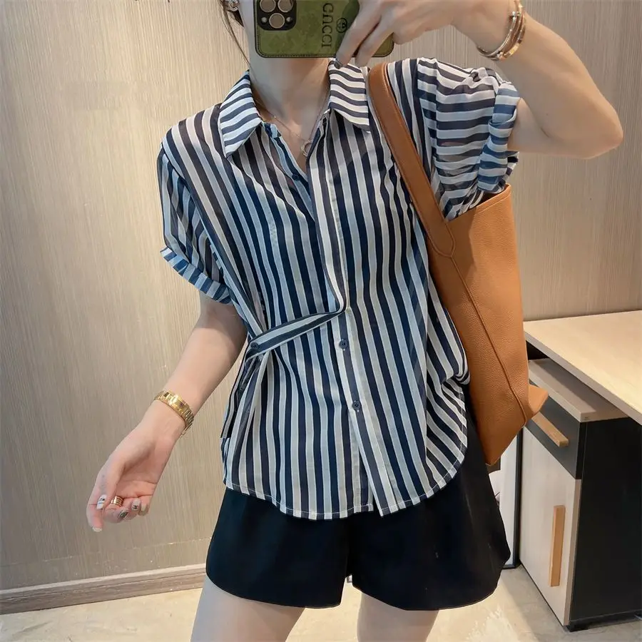 

Women's Shirt 2023 Summer Turn-down Collar New Fashion Short Sleeve Button Striped Printing Casual Blouse Elegant Tpos