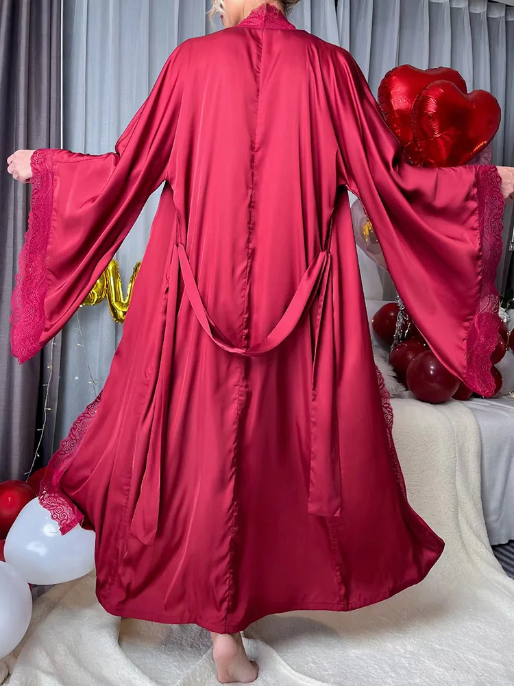 Summer Satin Pajamas Female Lace Luxury Long-sleeved Cool Feeling Nightgown Women Long Bathrobe Home clothes