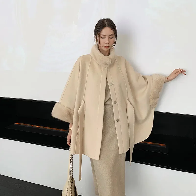 

2024 New Hepburn Style Mink Fur Collar Cloak Reversible Cashmere Coat Mid-Length Woolen for Women