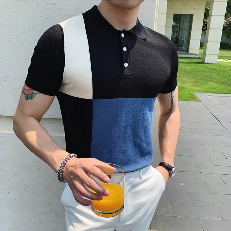 

Summer new short-sleeved POLO shirt stitching British style with slim fit stretch lapel casual stretch men's knitted sweater