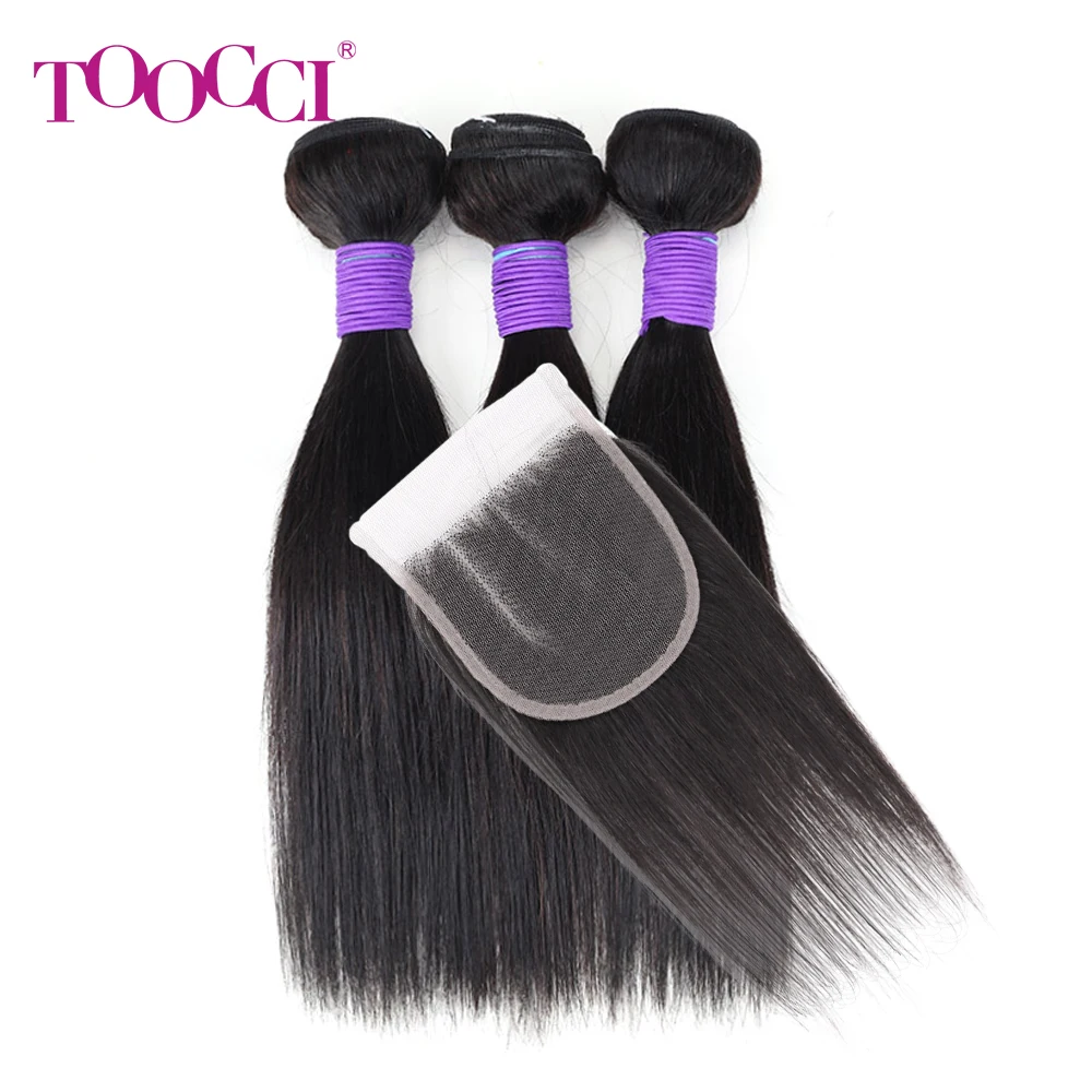 3 Bundles with Closure Natural Brazilian Remy Straight Cheap Human Hair Bundle Extension 4x4 Transparent Swiss Lace Closure