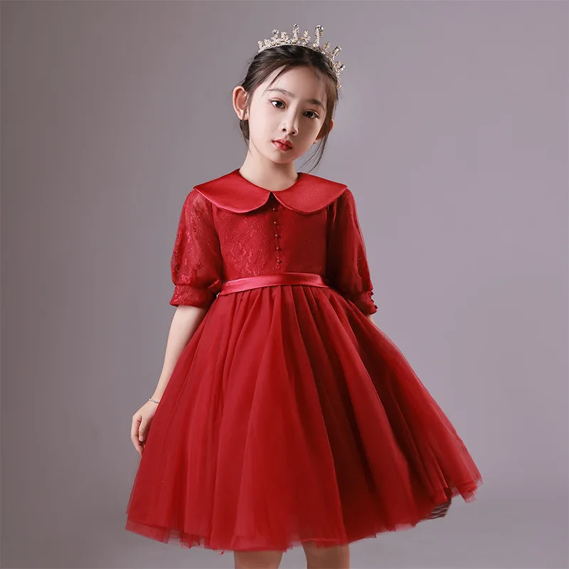 

2022 autumn Red Kid Dresses Children Pageant Gown Doll Collar grace Princess dress for Party Wedding Dress new year Girls Dress