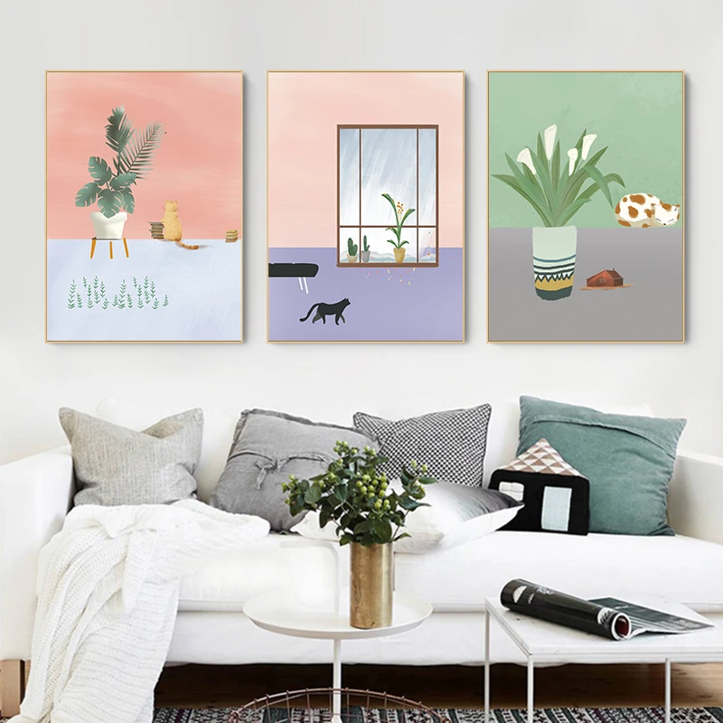

Retro Cute Kitten Canvas Painting Plant Sofa Wine Glass Poster Wall Art Nordic Living Room Decor Gift Posters And Prints Picture