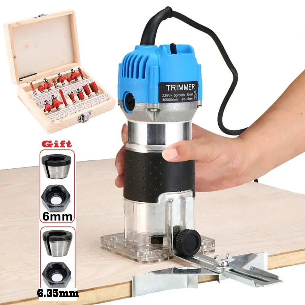 Electric Wood Router 800W Woodworking Electric Trimmer Wood Milling Machine Power Carpentry Tools With 6.35mm Milling Cutter New