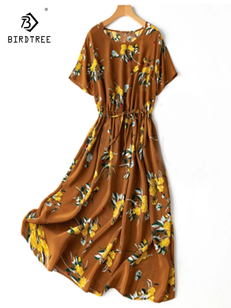 Birdtree Summer 100% Silk Crepe Dechine Dress Women O Necks Floral Print Loose Short Sleeve Beach Midi Dress Holiday D35823C