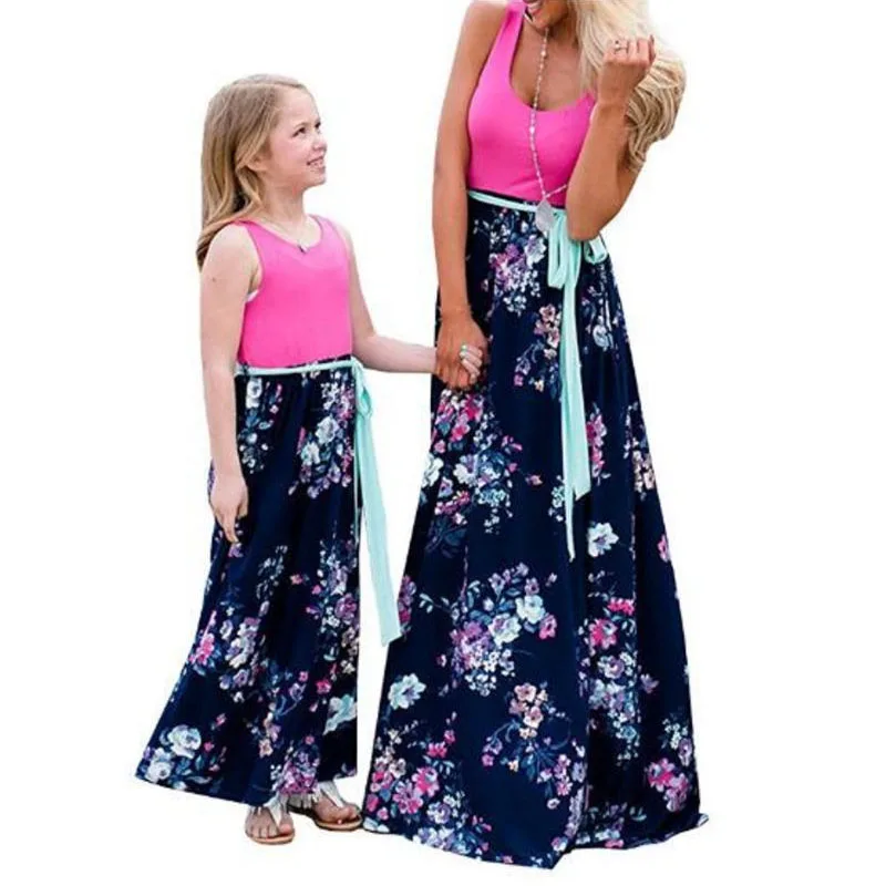 

Summer Matching Mother Daughter Clothes Sleeveless Floral Print Long Dresses for Kids Girls Mommy and Me Outfits Family Clothes
