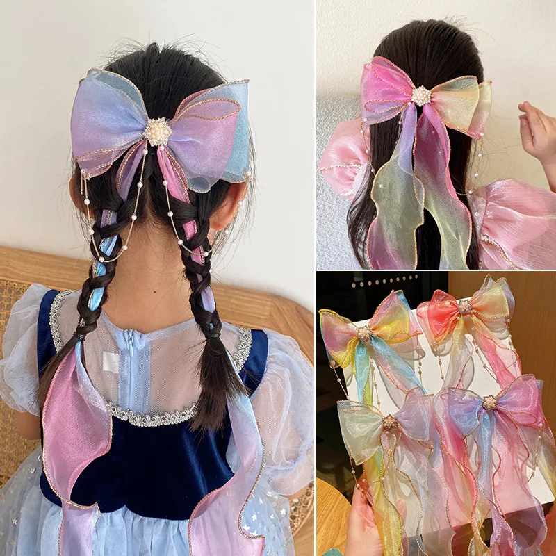 

Kids Cute Rhinestone Ribbon Bow Hair Clips Fashion Long Rainbow Organza Pearl Hairpins for Children Girls Braid Hair Accessories