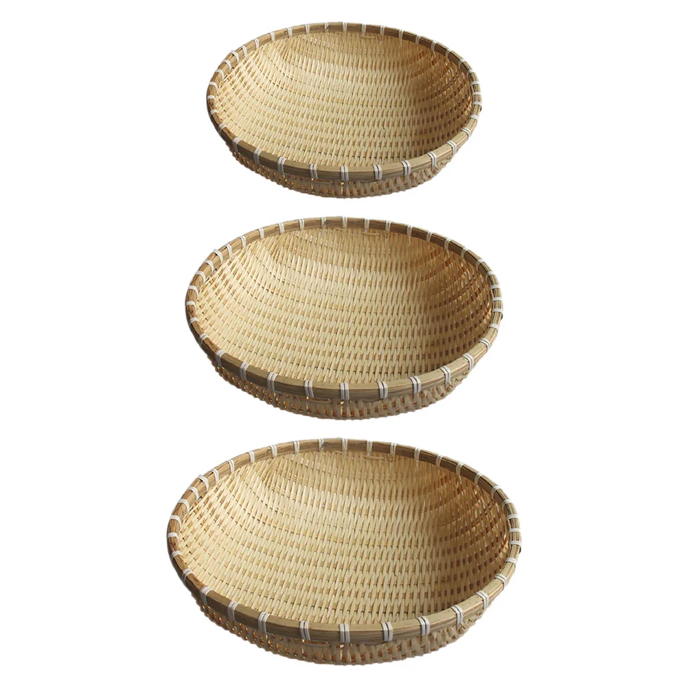 

Basket Woven Tray Fruit Serving Baskets Wicker Bread Rattan Storage Round Vegetablekitchen Rustic Holder Snack Shallow Foodbowls