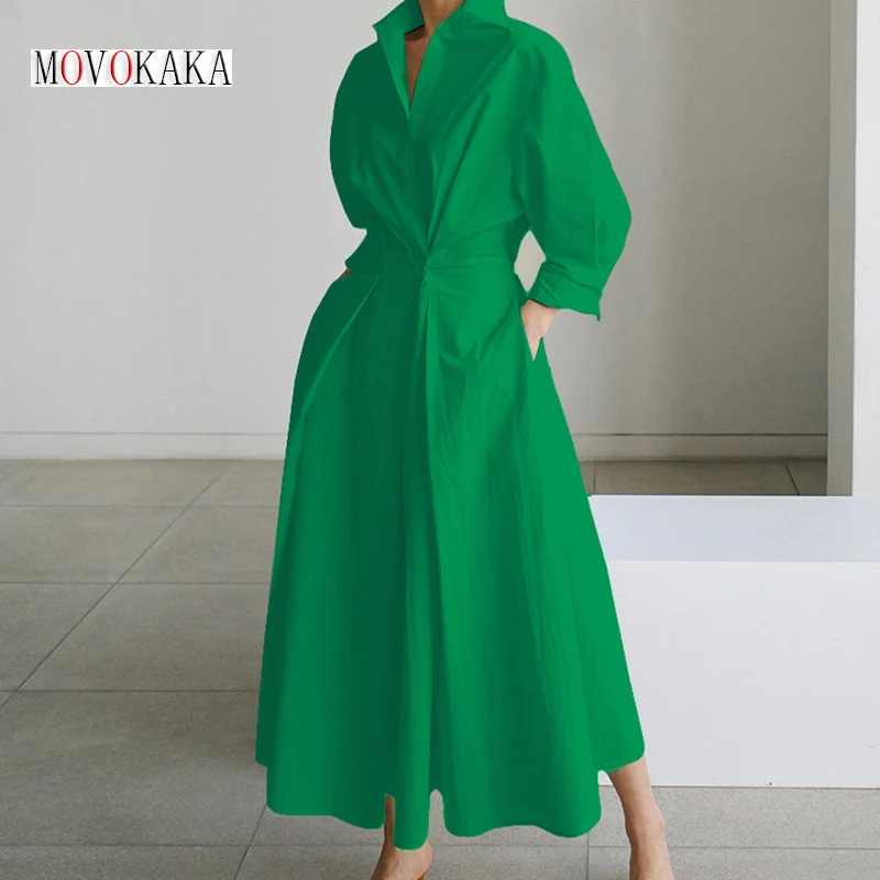 

MOVOKAKA Ladies Long Green Dress V-neck Slim Long Sleeve Vestidos Female Elegant Office Lady Dresses Solid Button Women's Dress