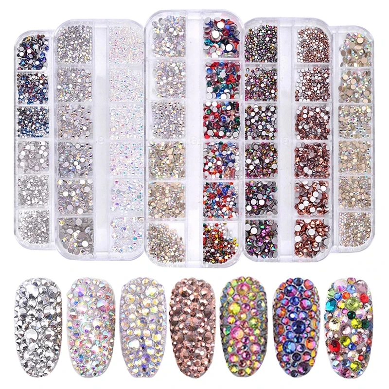 

Nail Art Rhinestone 6/12 Grids Box Nail Beads AB Crystal Nail Diamond Glitter Flatback Gems，Boxed Manicure Decoration Jewelry yy