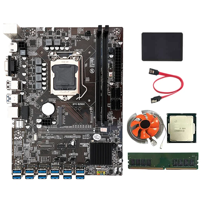 

Материнская плата B250C для майнинга BTC с процессором G3900 + SSD 240 ГБ + ОЗУ DDR4 8 ГБ + вентилятор процессора + кабель SATA 12 USB3.0 слот LGA1151 DDR4 SATA3.0