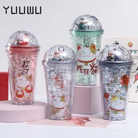 water cup cute cat personality creative cartoon plastic color ice cup fun straws good looking water bottle double insulation