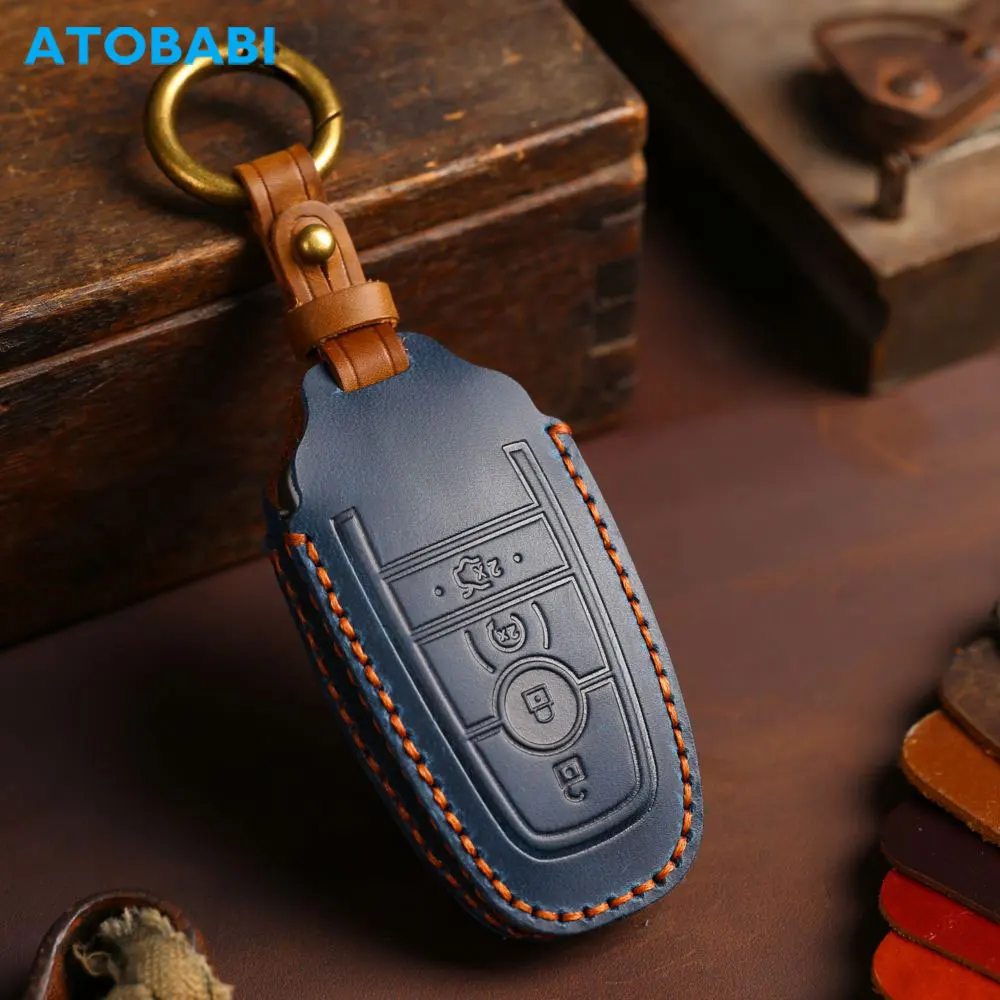 

Leather Car Key Case Smart Remote Control Fob Protector Cover For Ford Fusion Mustang F150 Edge S-MAX Galaxy Explorer Expedition