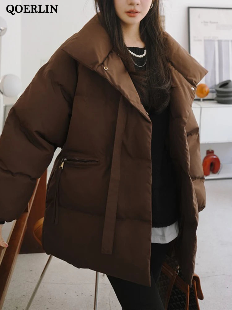 QOERLIN Brown Puffer Jacket Winter Women Stand Collar Parkas Thicken Warm Overcoat Female Korean Fashion Outerwear Black White