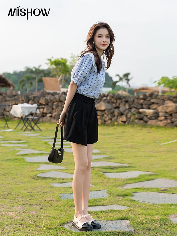 Блузка женская летняя в полоску с коротким рукавом и воротником Питер Пэн