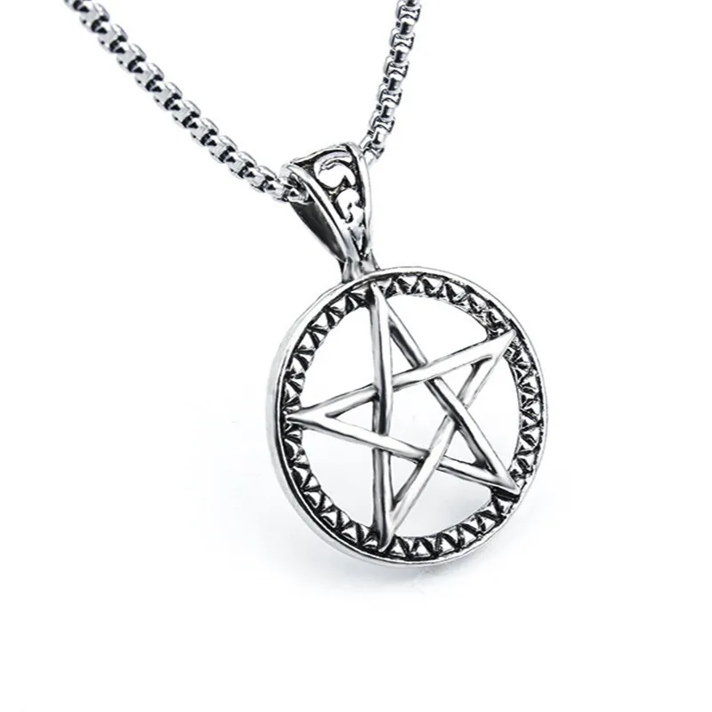 

New Stainless Steel Chain Necklace For Men Gothic Round Pentagram Necklace Hollow Star Pendant Male Jewelry Wholesale