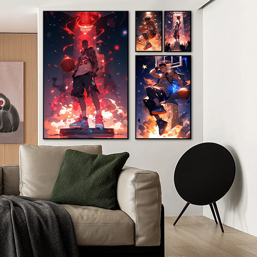 

Cartoon characters play buckle basketball court art poster living room Children's bedroom wall canvas Decorative painting