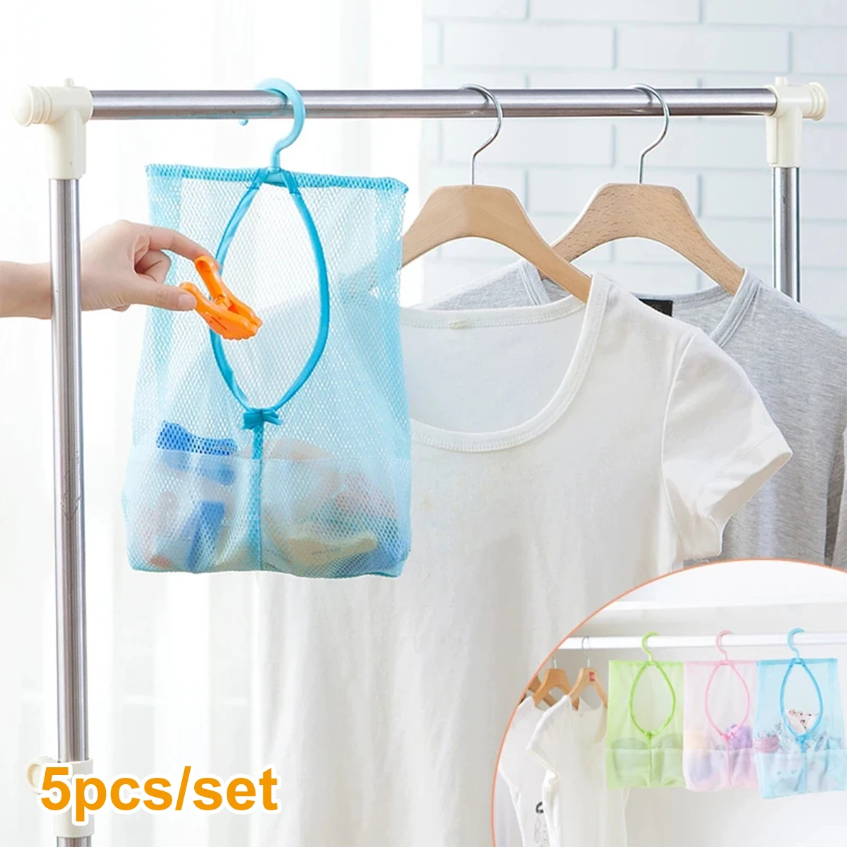 

5Pcs Hanging Storage Mesh Bag with Hook Collapsible Hanging Laundry Bag Large Capacity Sturdy Bathroom Soap Towel Debris