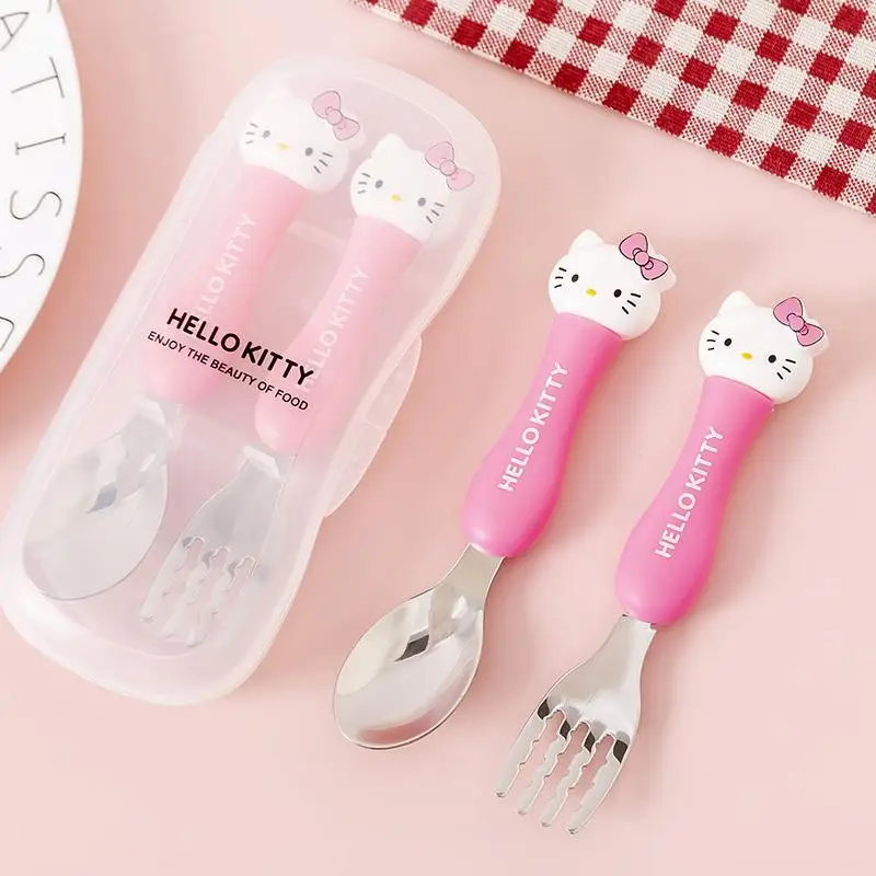 

Kawaii Sanrio Accessories Hello Kittys Cartoon Portable Cutlery Set Fork and Spoon Set Cute Beauty Stainless Steel Girls Gift